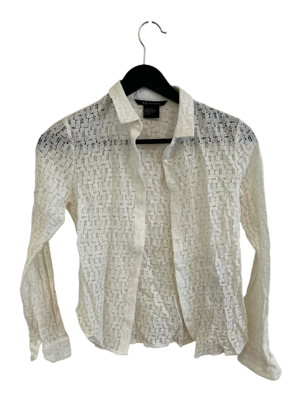 A/X Armani Exchange ivory Semi-Sheer Lace Button-Up Blouse